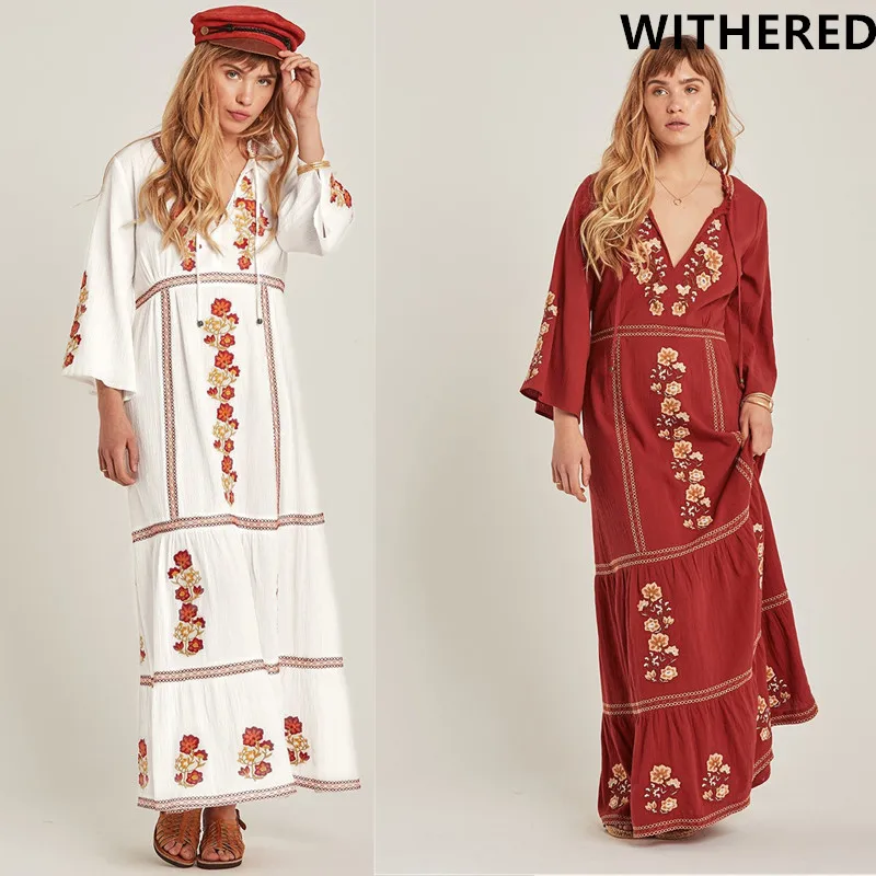 

Withered indie folk Morocco vintage bohemian embroidery holiady sexy dress women vestidos de fiesta de noche vestidos maxi dress