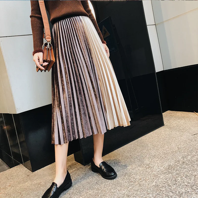 

Autumn And Winter Pleated Joint Contrast Color Gold Velvet Mid-length Skirt