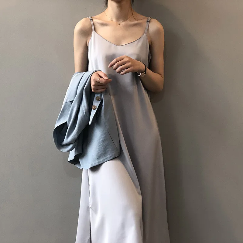 Summer Satin Black Sexy Women Dress 2020 Women's Dress Luxury Shiny Sundress Imitation Silk dress Y0786 Spaghetti Strap Dresses (15)