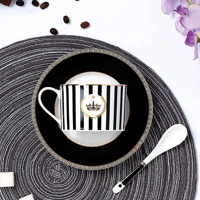 

High End 240ml Ceramic Coffee Drinking Mug Milk Cup Saucer With Spoon Excellent Bone China Black White