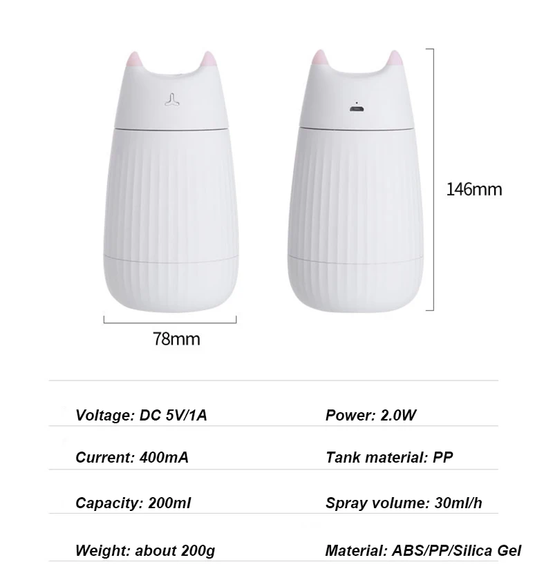 USB увлажнитель воздуха милый кот Настольный диффузор 200 мл автомобильный освежитель воздуха очиститель Мини Портативный диффузор с светодиодные лампы для дома