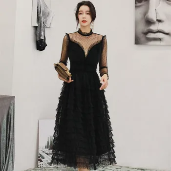 

Big Size Black Mesh Patchwork Dinner Dresses for Women Print Dot Evening Party Dress Ruffles Corset Cake Style Sexy Dress Women