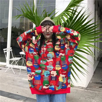 

Spring and autumn new commuter style personality cartoon print lazy style medium length loose net RED HOODED women