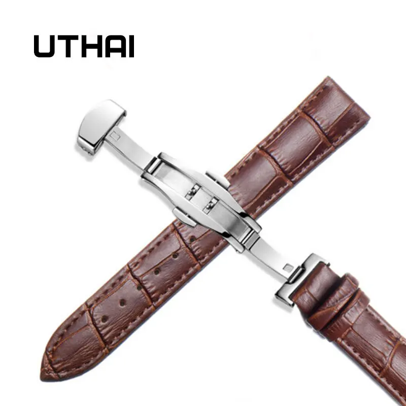 Silver-brown UTHAI Z09 плюс Натуральная кожа Ремешки для наручных часов 12-24 мм Универсальные часы Бабочка Пряжка группа сталь Пряжка ремешок наручный ремень браслет - Цвет ремешка: Silver-brown