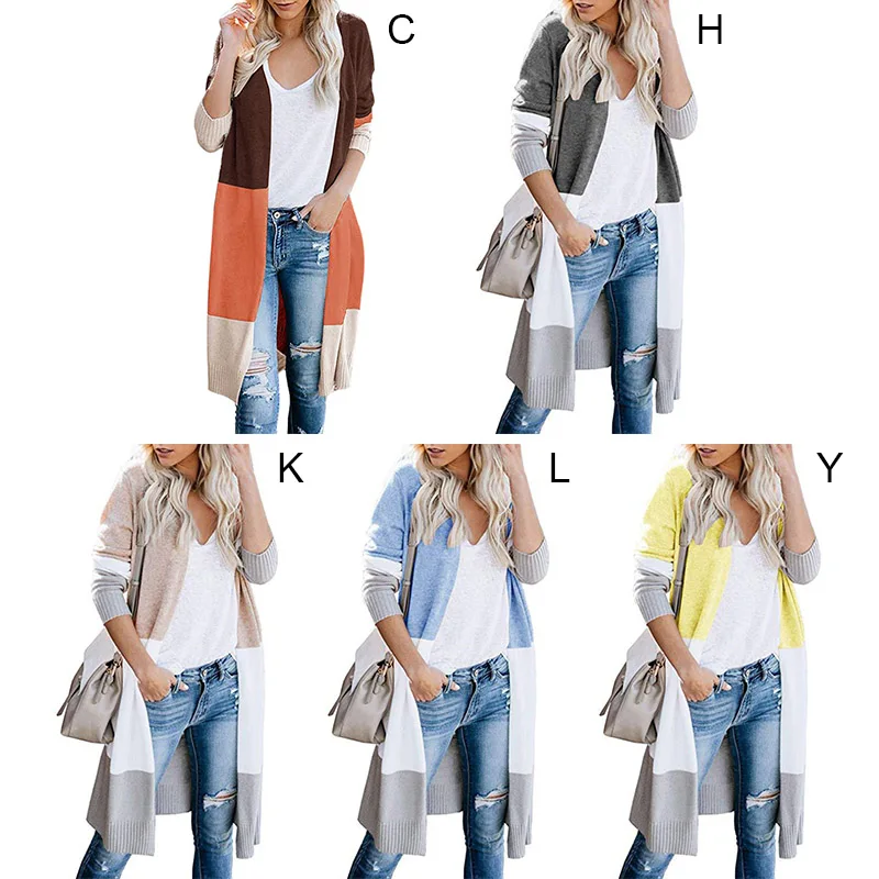 Three Color Patchwork Long Cardigans Women\'s Striped Knitted Sweater Autumn Winter Fashion Coat Streetwear NEW