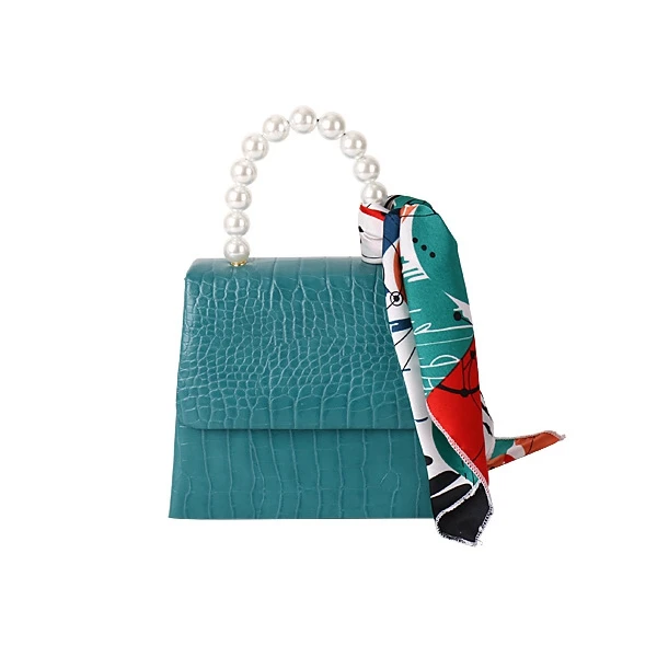 turquoise DOYUTIG Весенняя женская Роскошная мини-сумка из натуральной кожи с жемчужной ручкой и шелковым шарфом с узором «крокодиловая кожа» с клапаном через плечо F717 - Цвет: turquoise