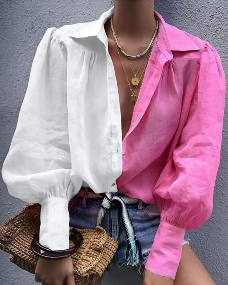 Colorblock полосатый рукав-фонарик женская блузка рубашка повседневная с длинным рукавом Осенняя рубашка Топы уличная одежда