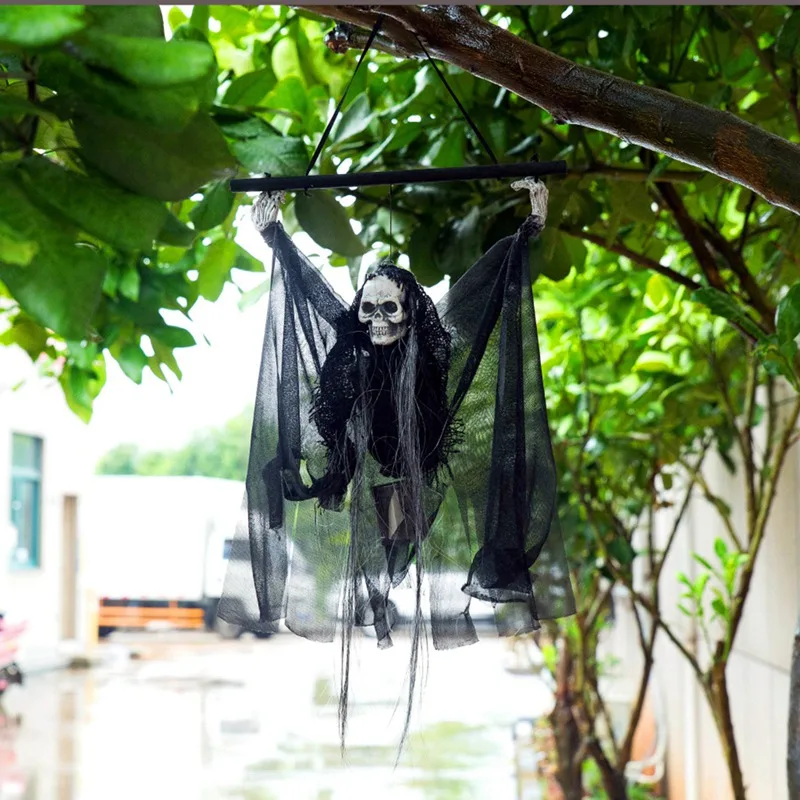 

Halloween Decoration Black Skeleton Ghost with Glowing Red Eyes Scream Hang Rod Ghost Pendant for Festive Indoor Outdoor Tree