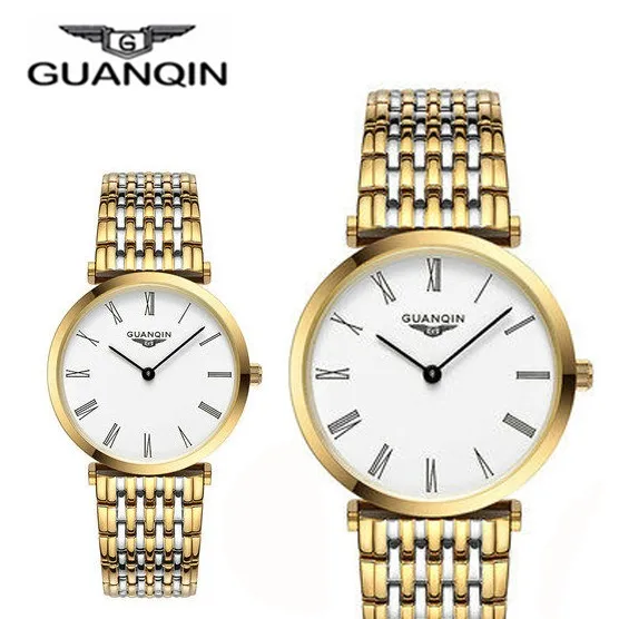 GUANQIN парные часы для мужчин и женщин дизайнерские часы винтажные Кварцевые аналоговые наручные часы водонепроницаемые ультра-тонкие 6 мм Мужские и женские часы - Цвет: WHITE GOLD 1