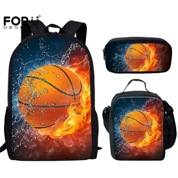 

FORUDESIGNS A4 School Bag Black 3Pcs Basketball Ball Backpack 3D Print Fire And Ball Fashion For Teenage Girls Boy School Bag