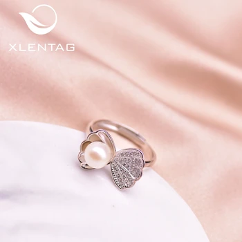 

XlentAg Natural White Pearl Shell Asymmetry Bow Rings For Wedding Girls Women Cute Gift Jewelry Silver Color Compromiso GR0259