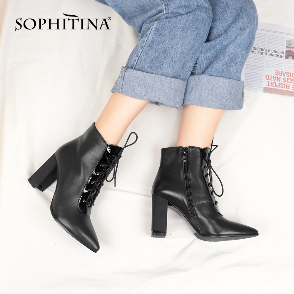 

SOPHITINA New Stylish Ankle Boots Sexy Pointed Toe Lace-up Genuine Leather Handmade Boots Casual 9cm High Heel Shoes Ladies C762