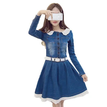 

Women Jeans Dress Women Spring Casual Mid Waist Long Sleeve A-Line Slim Fit Base denim dresses with Belt Elegant Vestidos
