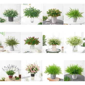Ramo de Plantas artificiales de hierba verde, eucalipto de plástico, Plantas falsas, decoración de jardín para el hogar, Plantas artificiales