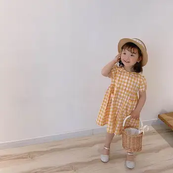 

2020 Summer New Girl Plaid Dress Korean Style Avocado Yellow Peter Pan Collar Cotton Short Sleeve Dress Children Clothes E20023