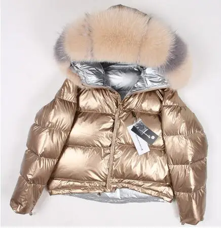 Зимняя женская куртка с натуральным лисьим мехом, пальто с воротником, свободное короткое белое пуховое пальто с натуральным мехом, толстая теплая пуховая парка - Цвет: Glod