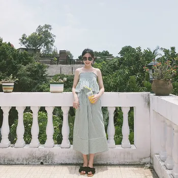 

Fashion High Waisted Wide Leg Pants Woman Loose Green Stripe Trousers Women Ankle-Length Women Clothes 2018