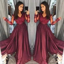 Дешевые бордовые, с длинными рукавами Выпускные платья V образным вырезом Аппликация атласные вечерние Одежда линия Винтаж Формальные платья для вечера встречи выпускников платье
