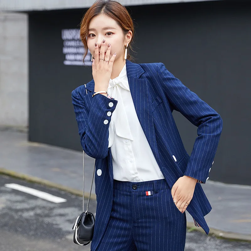 Formal Wear Women Suits Blazer Set Spring Blue Striped Jacket Trousers Two Piece Costume For Women Lady Suit Office - 4.00063E+12 Formal Wear Women Suits Blazer Set Spring Blue Striped Jacket Trousers Two Piece Costume For Women Lady Suit Office - 4.00063E+12