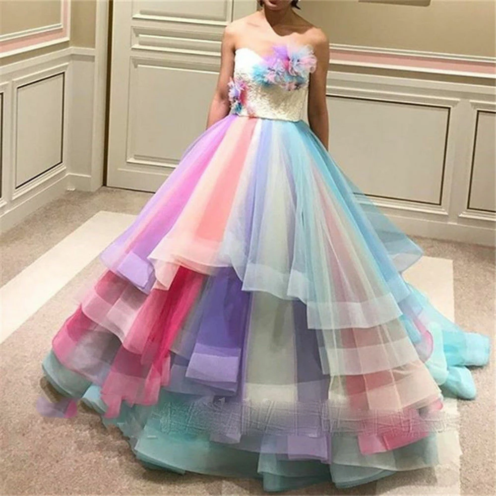 Шикарные радужные красочные свадебные платья с 3D цветком пышные бальные платья с открытыми плечами оборками длинное платье для выпускного