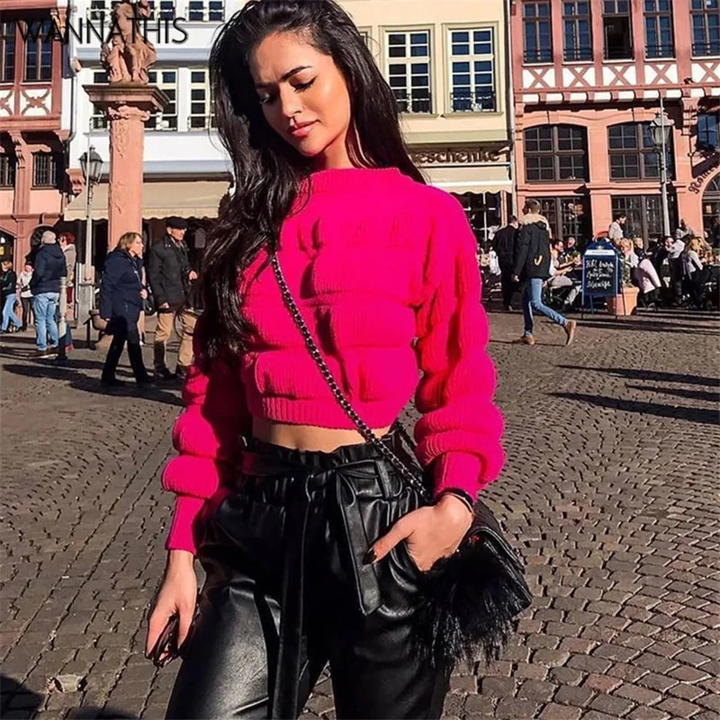 

WannaThis Red Lantern Sleeve Cropped Sweater Women Long Sleeve Autumn Winter Top Fashion Solid Casual Knitted Streetwear O-Neck