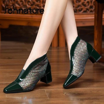 

Johnature 2020 New Spring Summer Boots Genuine Leather Women Shoes Concise Bling Mesh Handmade Leisure Ankle Summer Boots