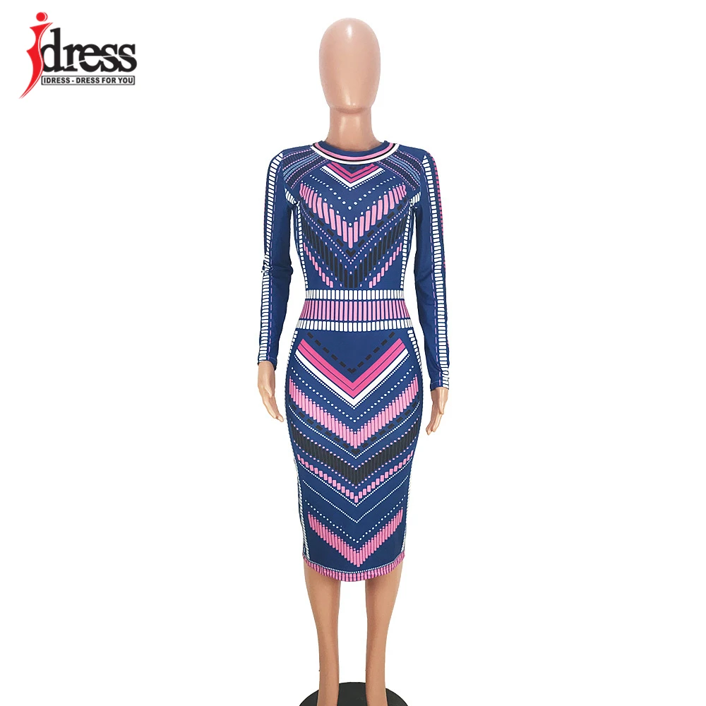 IDress Long Sleeve Winter Dress Women Sexy Striped Printed Autumn Winter Knee Length Bandage Evening Party Bodycon Casual Dress (9)