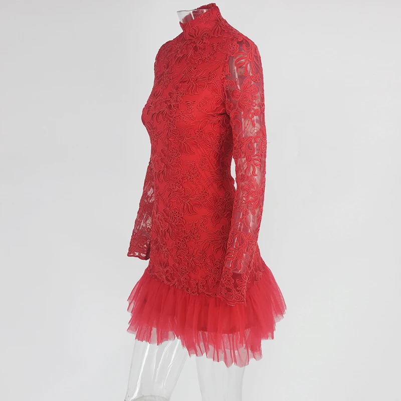 COSYGAL длинным рукавом женское кружевное платье пикантные Красные Вышивка Вечерние Платье Осень и сетчатыми оборками Тонкий Короткие платья