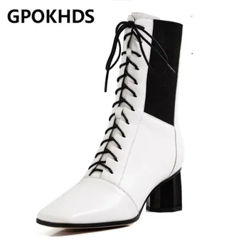 

GPOKHDS 2021 women soft ankle boots cow leather zippers boots winter short plush square toe high heels women boots
