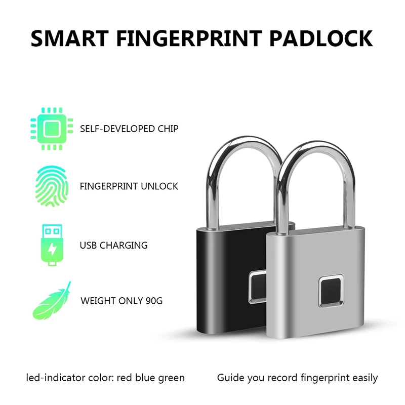Black silver Keyless USB Rechargeable Door Lock Fingerprint Smart