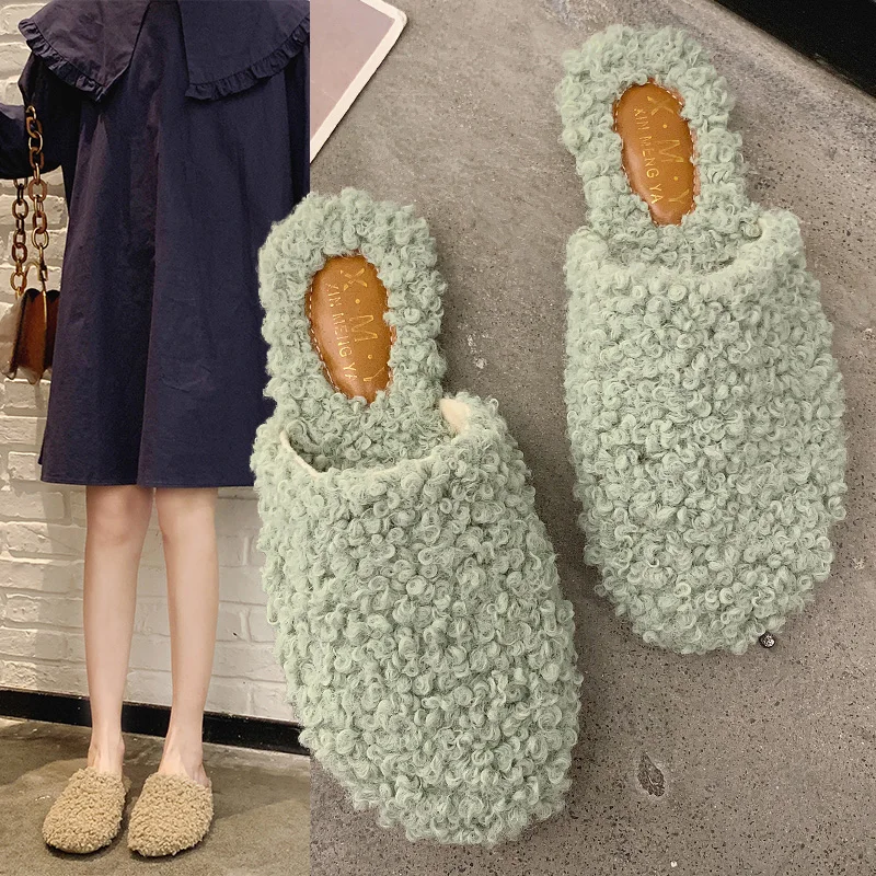 

Shoes Without Heel Flock Low Loafers Ladies' Slippers 2019 New Women Slides Fashion Cover Toe Pokemon Plush Socofy Flat Luxury