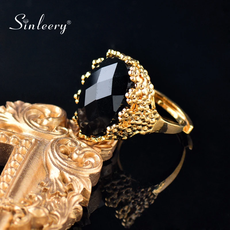 Sinleery Mewah Oval Hitam Hijau Zirkon Cincin Besar Warna Emas