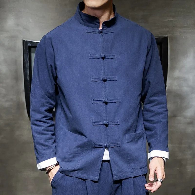 Cotton Linen Blue China Shanghai Male Oriental Mens Clothing Large Size Vintage Han Chinese Kung Fu Bomber Jackets Flax Buckle