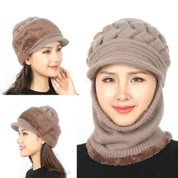 Coral Fleece Winter Hat Scarf One-piece Women's Hat Scarf Warm Breathable Wool Knitted Hat for Women Double Layer Protection Cap