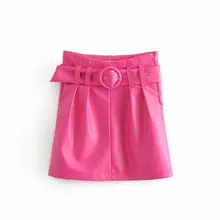 Новинка, Женская прямая мини-юбка с высокой талией и ремнем на молнии сбоку, однотонная модная женская повседневная юбка из искусственной кожи, mujer QUN548