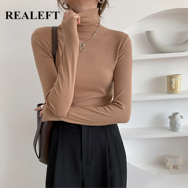 REALEFT 2020 nuevo Otoño Invierno de punto suéter ajustado de cuello alto sólido largo manga minimalista mujeres Jersey Jumper