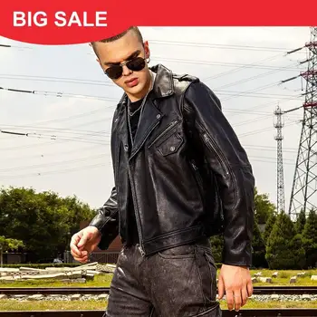 

2020 Black Men American Motorcycle Leather Jacket Plus Size XXXL Genuine Thick Cowhide Slim Fit Biker Leather Coat FREE SHIPPING