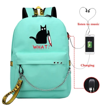 

Cat What Women USB Charge Backpack Canvas Rucksack Girl Mochila Escolar Girls Laptop Shoulder School Bags Backpack for Teens
