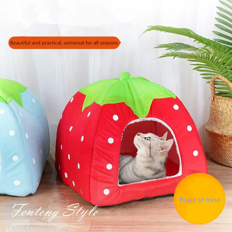 Foldable Soft Strawberry Leopard Dog Bed Cat House Pet Mats Animal Winter Warm Cushion Basket Products