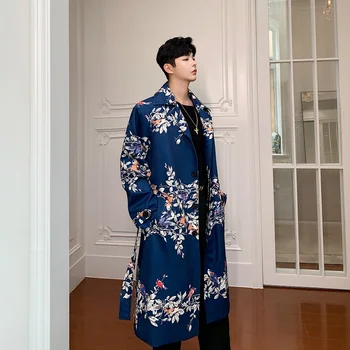 

Men Flower Print Loose Casual Long Windbreaker Jacket Male Vintage Fashion Streetwear Trench Coat Overcoat Outerwear