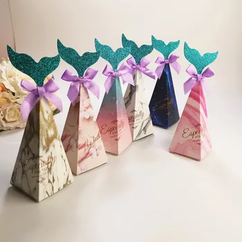 

50Pcs European Marble Style Blue Sky Mermaid Fish Tail Kids Birthday Party Shower Supplies Gift Decorative Candy Box Packaging