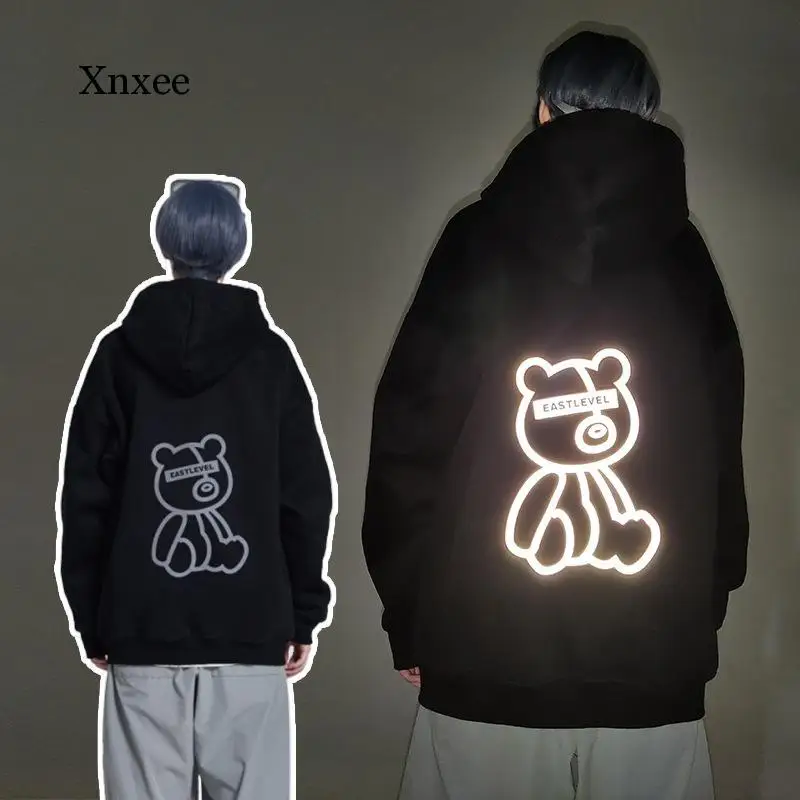 

Spring Autumn Reflective Light Bear Fleece Outdoor Sweatshirt Women Men Oversized Hoodie Thick Winter Kangaroo Pocket Clothing