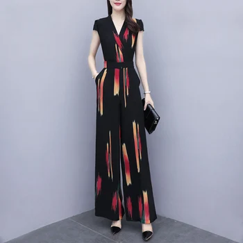 

Women's New Slim Jumpsuit Summer Fashion Print Chiffon Black Short Sleeve High Waist Wide Leg Pants Chic Office Lady Coveralls