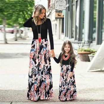

Mother Daughter Dress Matching Outfits Clothes Long Sleeve Prints Flowers Mommy and Me Women Girls Dresses Family Clothing