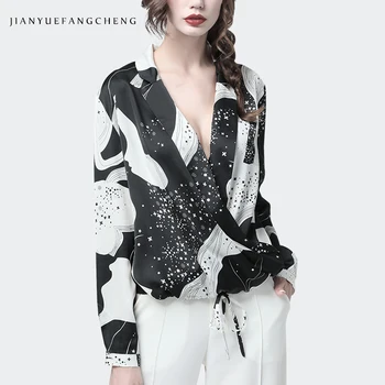 

Sexy V-Neck Women Satin Blouse Fashion Korean Print Top Loose Plus Size Long Sleeve Crossed Bind-in Ladies Summer Top And Blouse