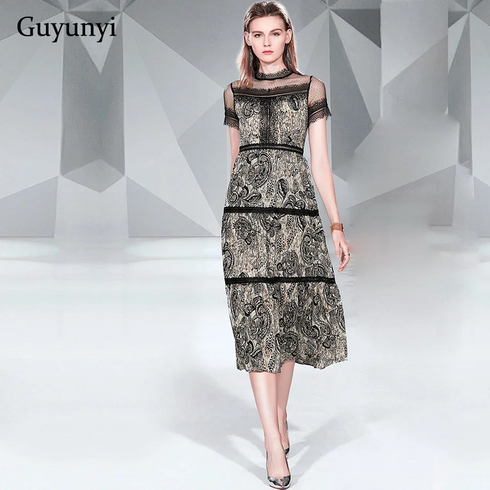 

Temperament Elegant Party Dress 2019 Summer Simple Lace Mesh Short Sleeve European Style Vintage Flower Women's Dresses