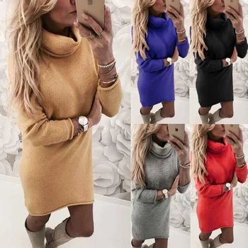 

Autumn Winter High Neck Knitted Sweaters Long Sleeve Dresses Womens Solid Slim Plus Size Long Pullover Knitting Sweater Dresses