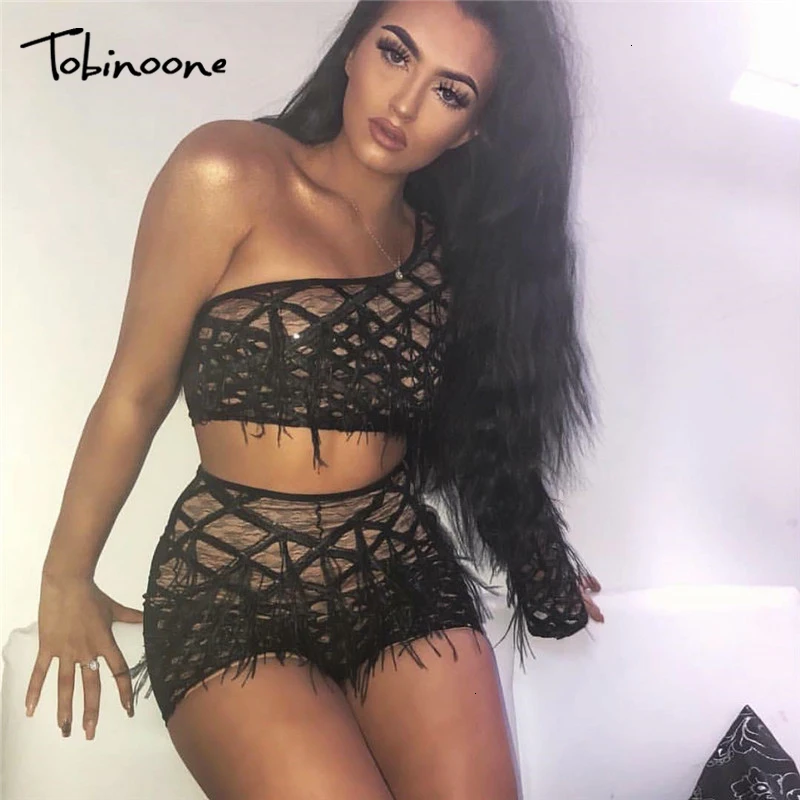 Tobinoone комбинезон с кисточками и перьями из двух частей, женский сексуальный боди на одно плечо, комбинезон с пайетками, Клубные вечерние комбинезоны для пляжа