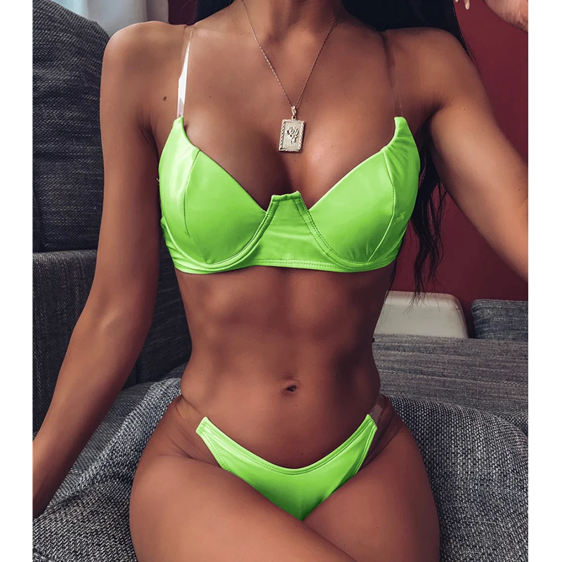 Sexy Micro Bikini PU Leather 2020 Swimsuit Push up Swimwear Women Transparent Strap Bathing Suit Swimming for Biquini | Женская одежда