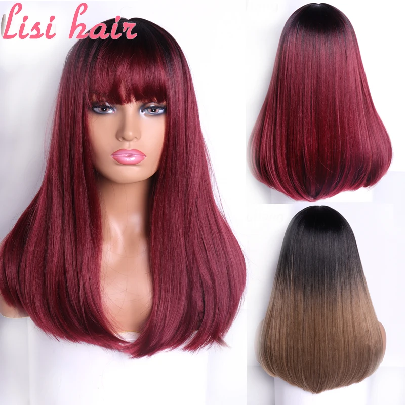 LISI-Peluca de cabello sintético para mujer, pelo liso con flequillo, resistente a altas temperaturas, color blanco y negro